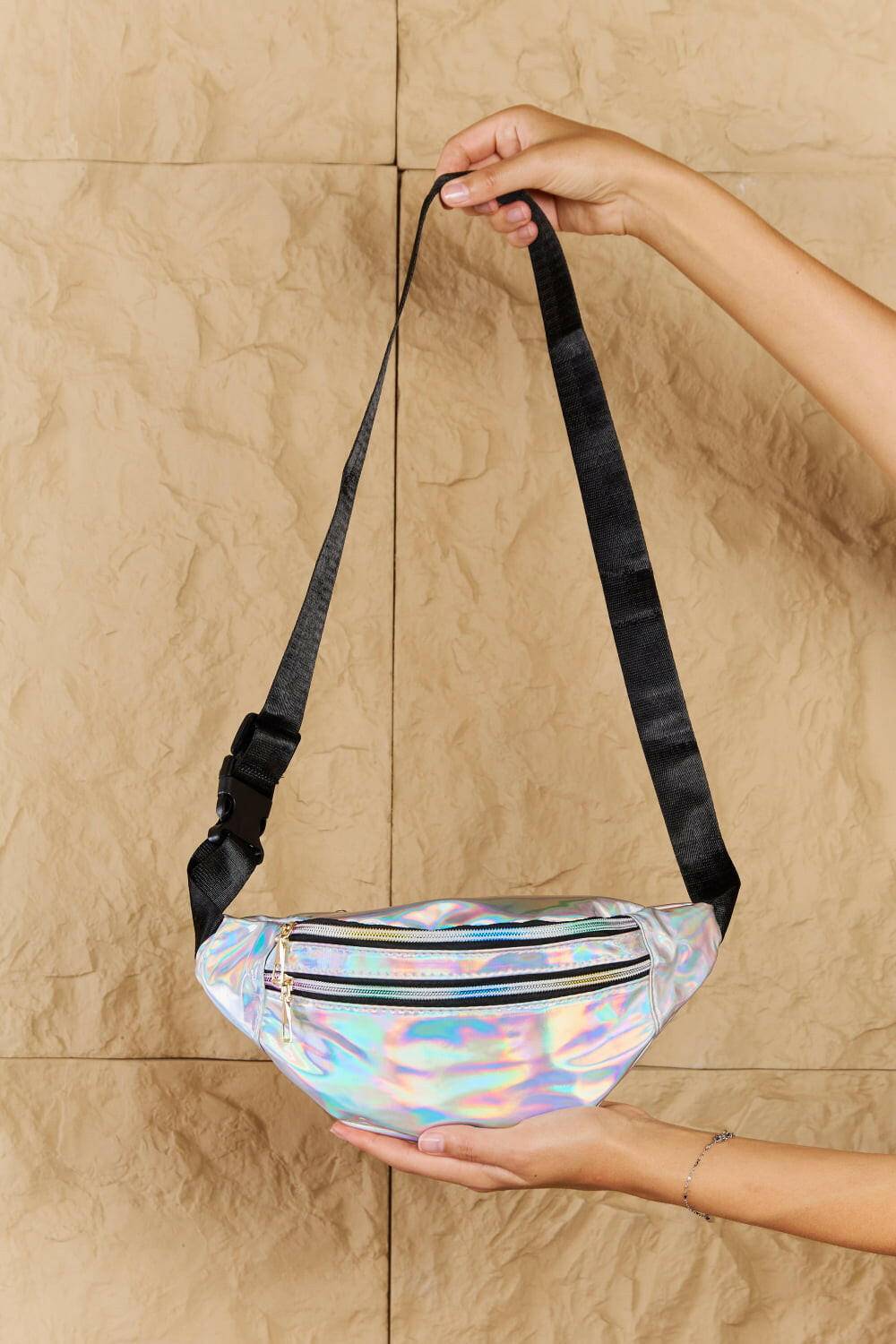 Fame Good Vibrations Holographic Double Zipper Fanny Pack in Silver - Carri's Cache