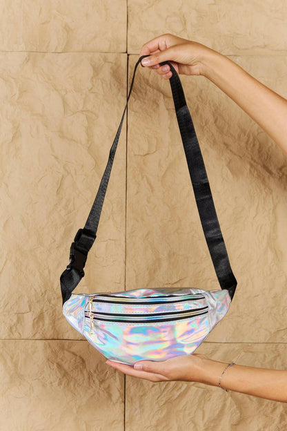 Fame Good Vibrations Holographic Double Zipper Fanny Pack in Silver - Carri's Cache