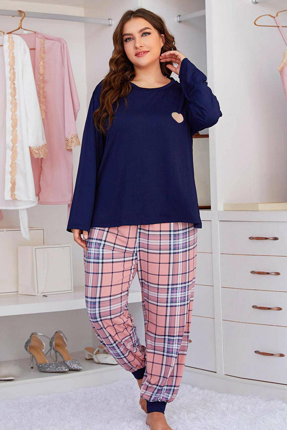 Plus Size Heart Graphic Top and Plaid Joggers Lounge Set - Carri's Cache