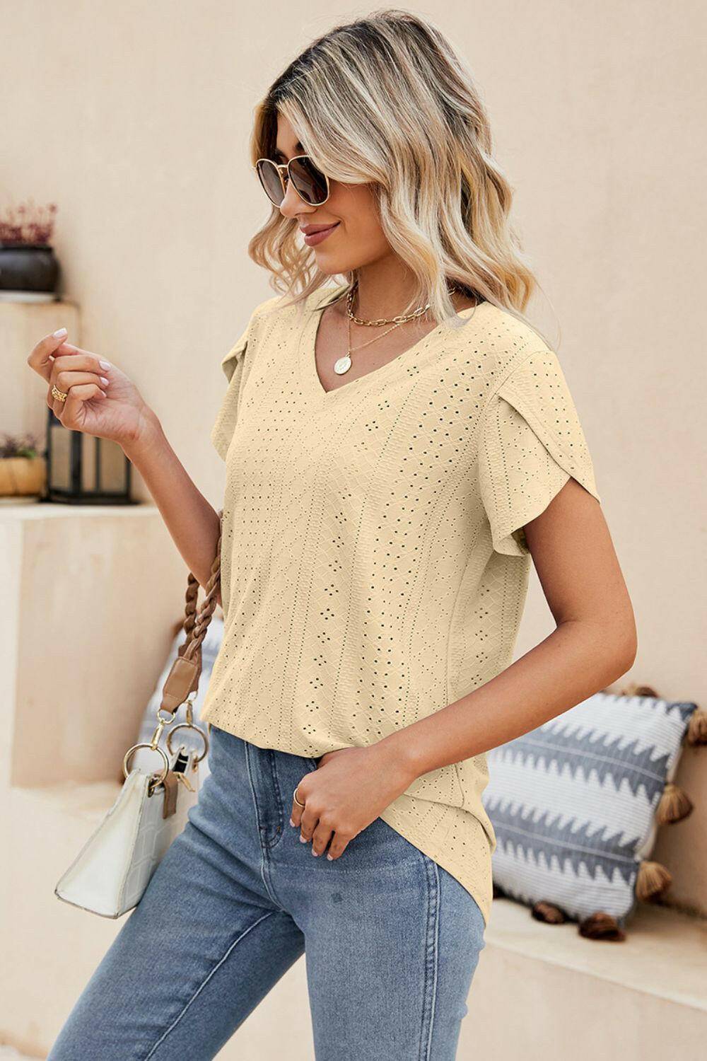 Eyelet Petal Sleeve V-Neck Knit Top.