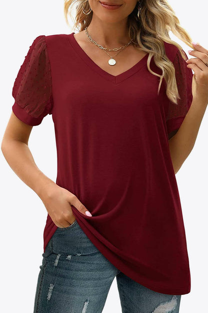 Swiss Dot Puff Sleeve V-Neck Tee - Carri's Cache