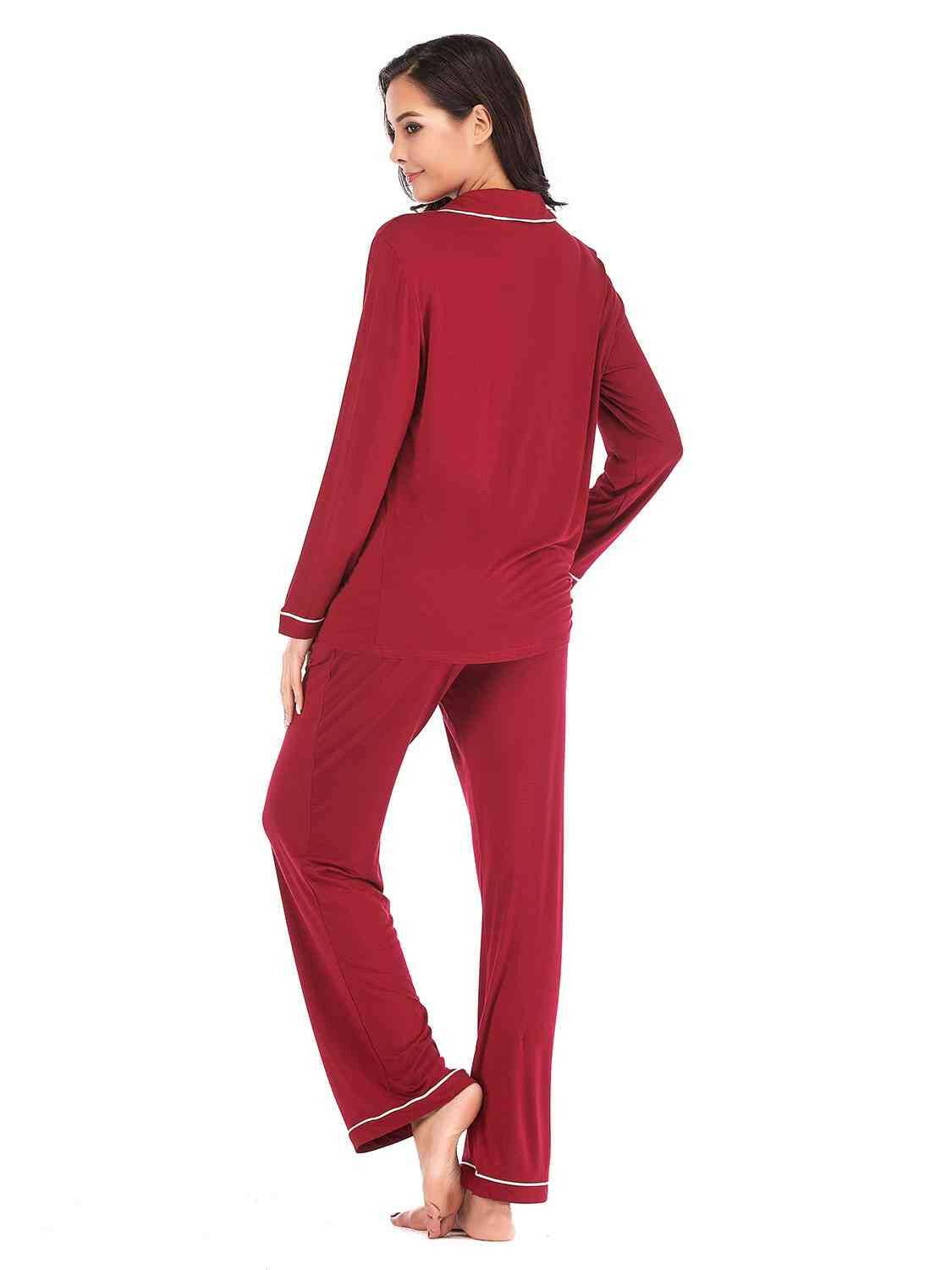 Collared Neck Long Sleeve Loungewear Set with Pockets - Carri's Cache