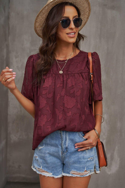 Round Neck Puff Sleeve Blouse - Carri's Cache