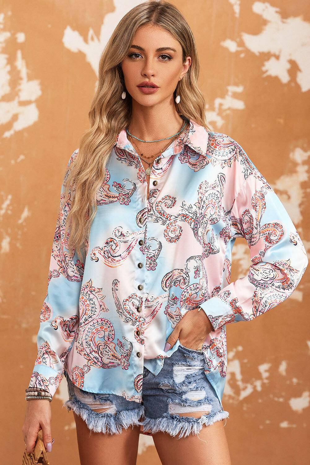 Printed Long Sleeve Collared Shirt - Carri's Cache