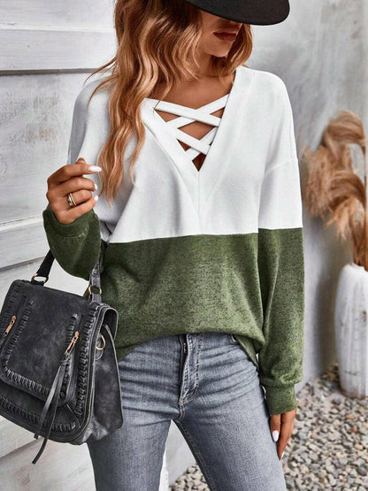 Two-Tone Crisscross Detail Sweatshirt - Carri's Cache