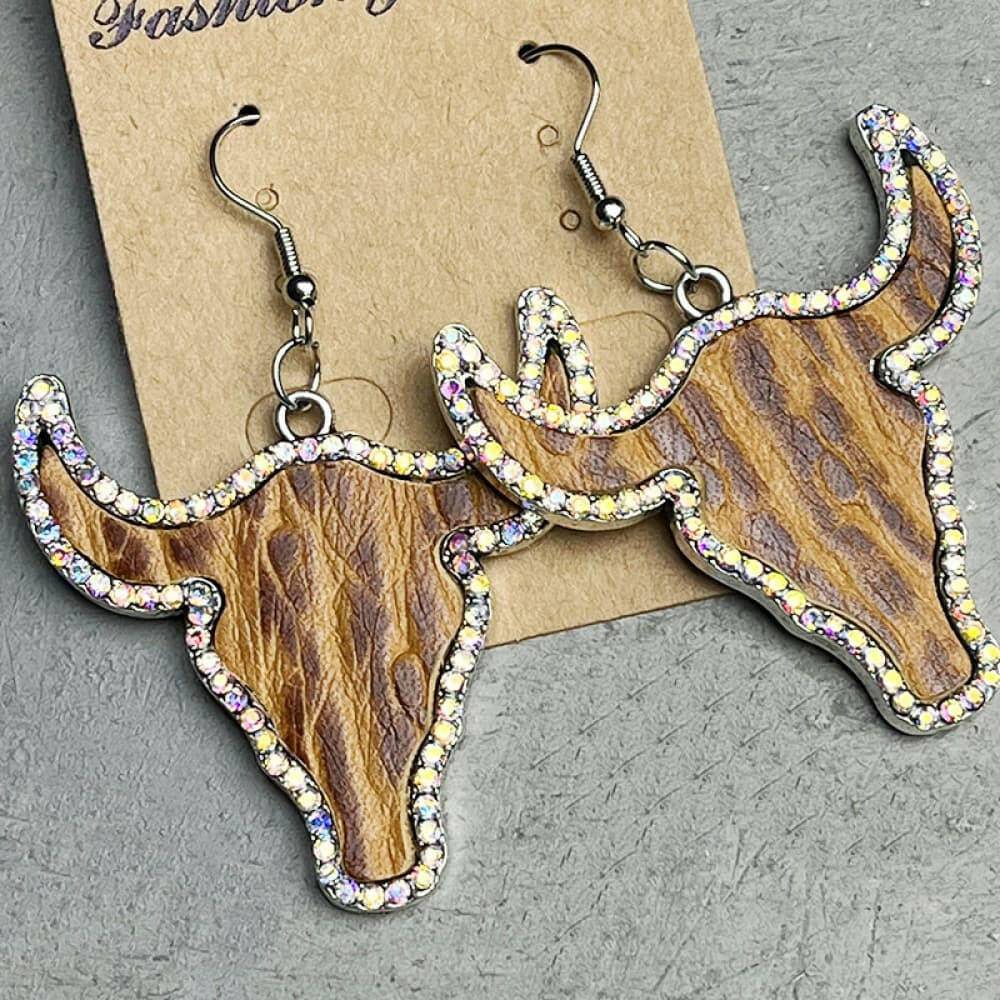 Rhinestone Trim Alloy Bull Earrings - Carri's Cache