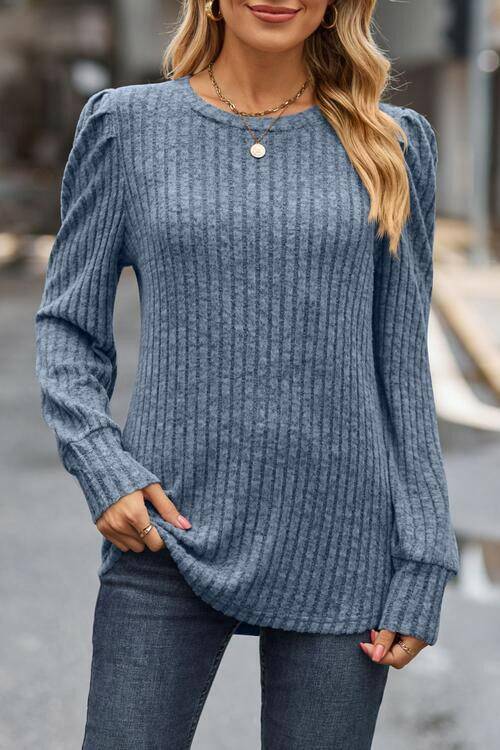 Ribbed Round Neck Long Sleeve Knit Top - Carri's Cache