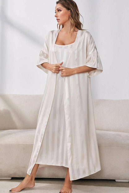 Striped Flounce Sleeve Open Front Robe and Cami Dress Set - Carri's Cache