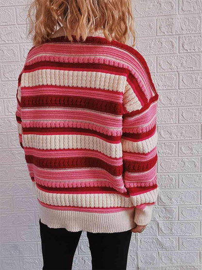 Striped Drop Shoulder Round Neck Sweater - Carri's Cache