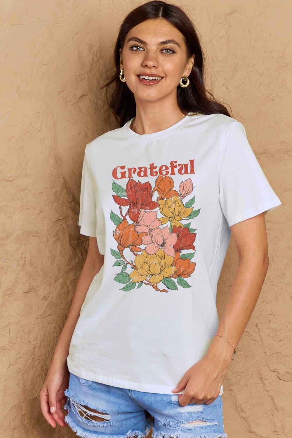 Simply Love Full Size GRATEFUL Flower Graphic Cotton T-Shirt - Carri's Cache