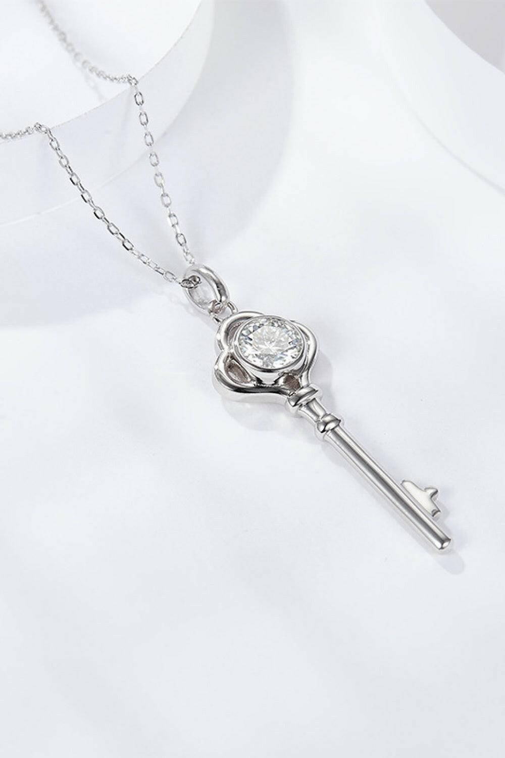 925 Sterling Silver 1 Carat Moissanite Key Pendant Necklace.