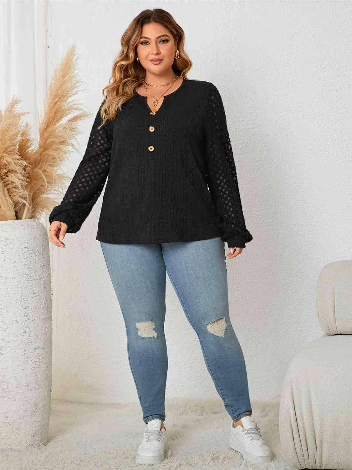 Plus Size Openwork Notched Button Front Blouse - Carri's Cache