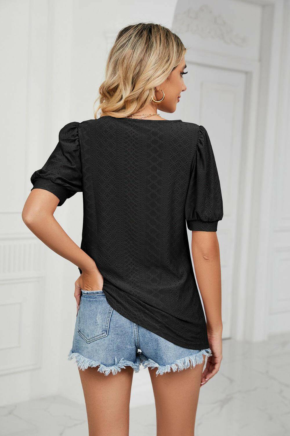 Eyelet Puff Sleeve Round Neck Top.