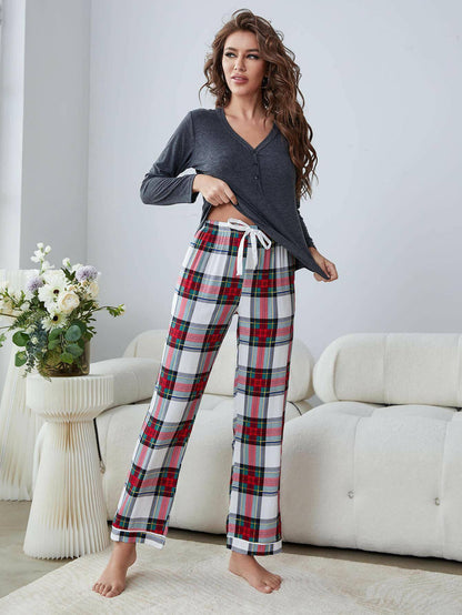 Buttoned Long Sleeve Top and Plaid Pants Lounge Set - Carri's Cache