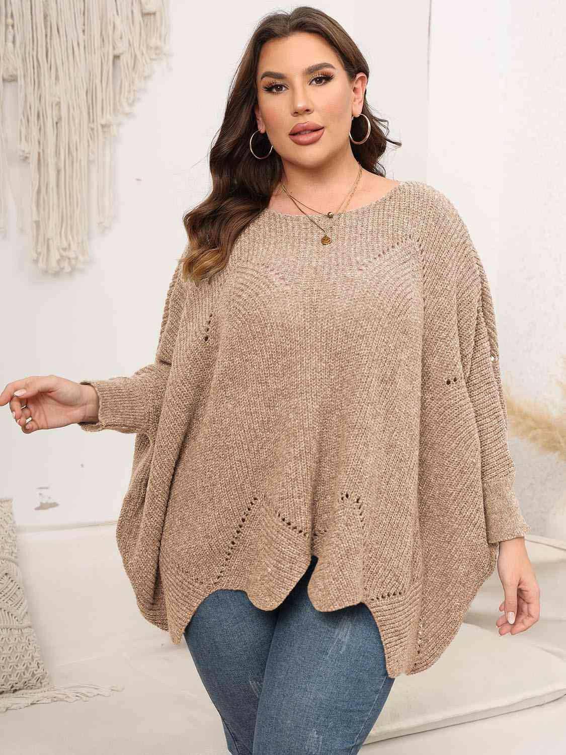 Plus Size Round Neck Batwing Sleeve Sweater - Carri's Cache