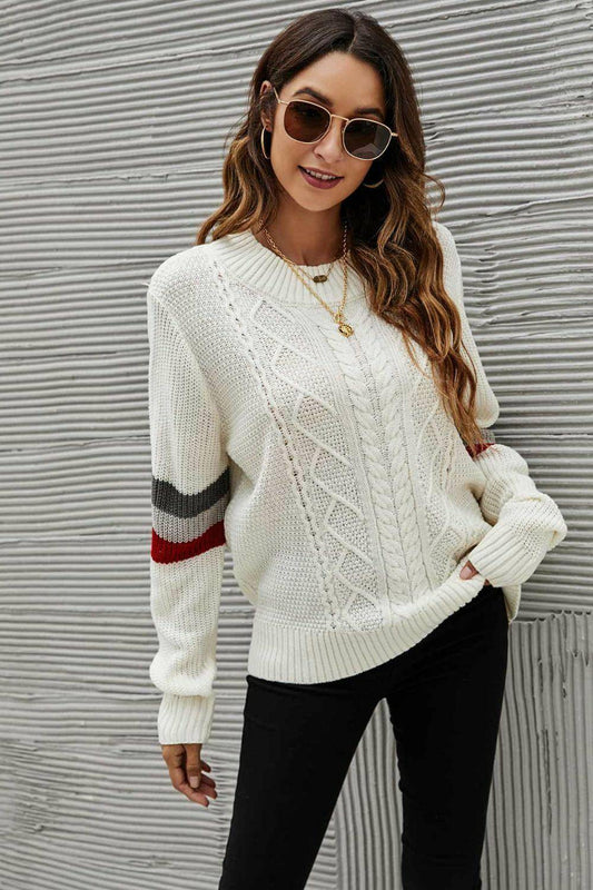 Feeling You Best Striped Cable-Knit Round Neck Sweater - Carri's Cache