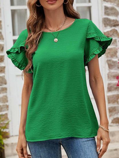 Textured Petal Sleeve Round Neck Tee.