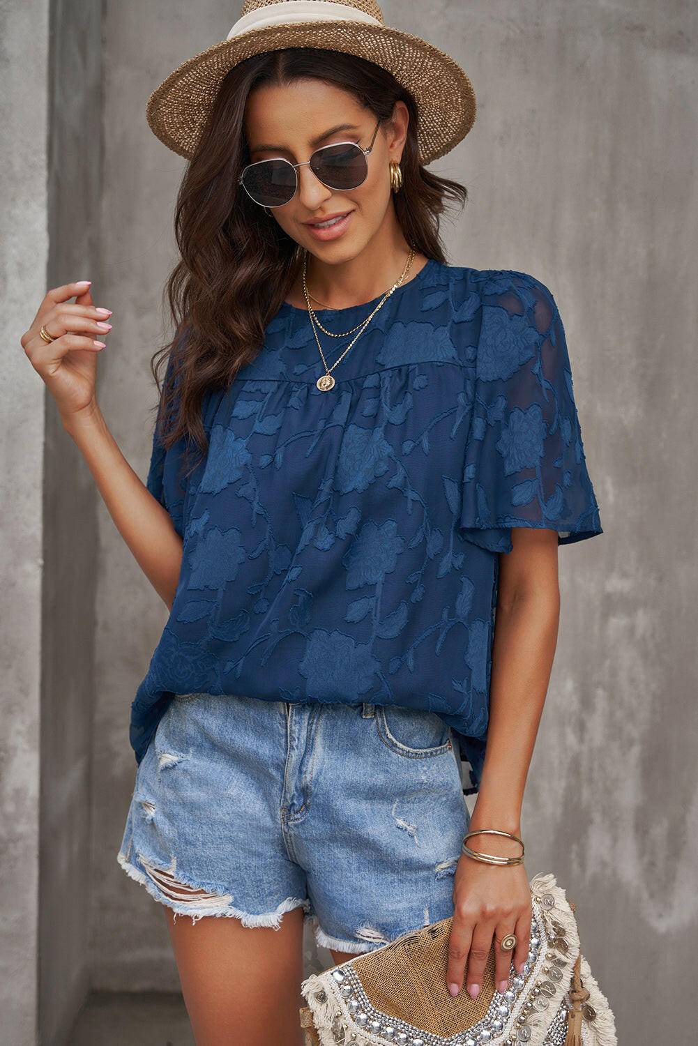 Round Neck Puff Sleeve Blouse - Carri's Cache