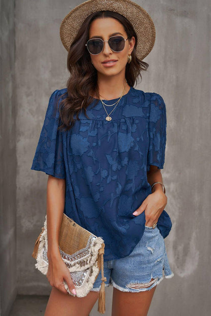 Round Neck Puff Sleeve Blouse - Carri's Cache