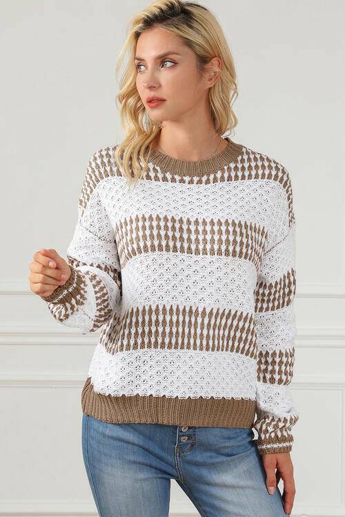 Striped Round Neck Long Sleeve Knit Top - Carri's Cache