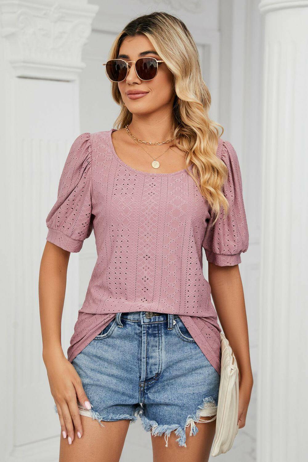 Eyelet Puff Sleeve Round Neck Top.