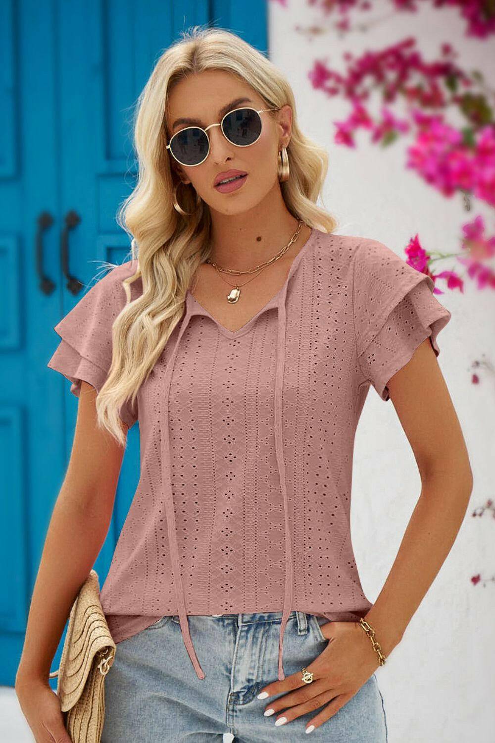 Eyelet Tie-Neck Flutter Sleeve Blouse.