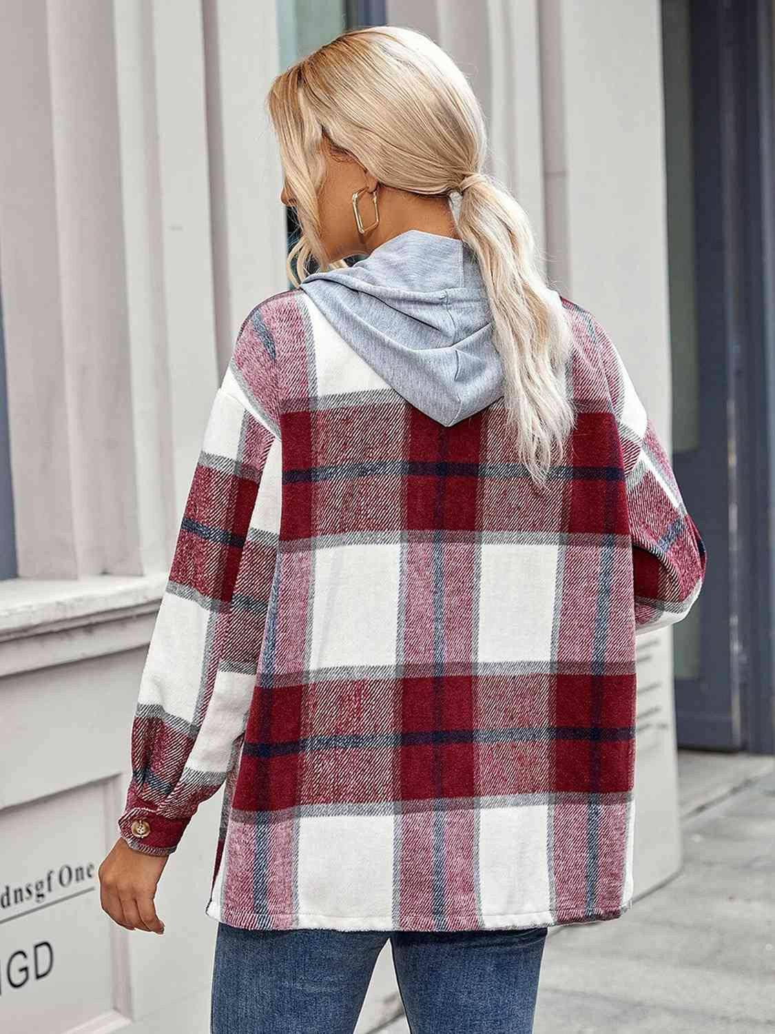 Plaid Hooded Jacket with Pockets - Carri's Cache