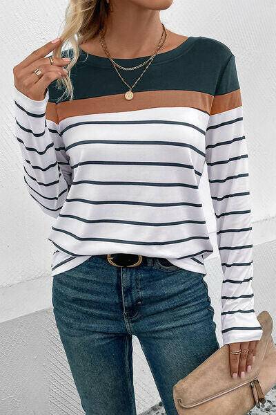 Striped Round Neck Long Sleeve T-Shirt - Carri's Cache