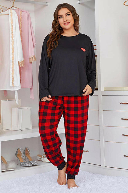 Plus Size Heart Graphic Top and Plaid Joggers Lounge Set - Carri's Cache