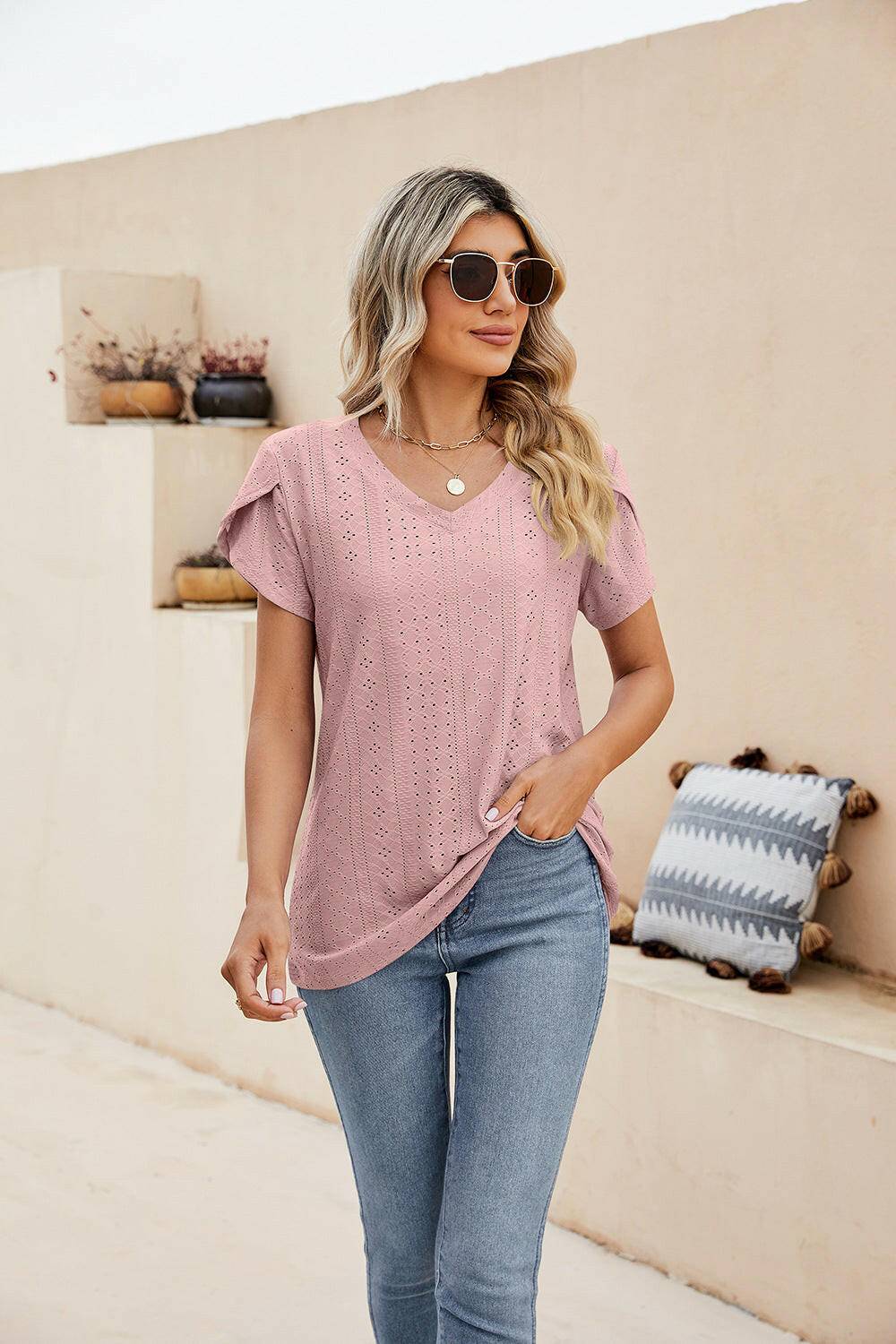 Eyelet Petal Sleeve V-Neck Knit Top.