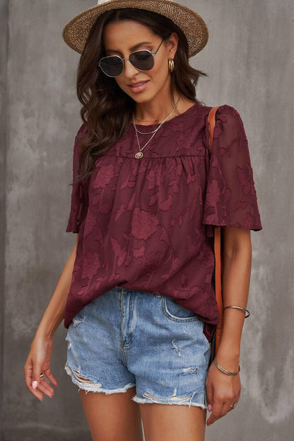 Round Neck Puff Sleeve Blouse - Carri's Cache