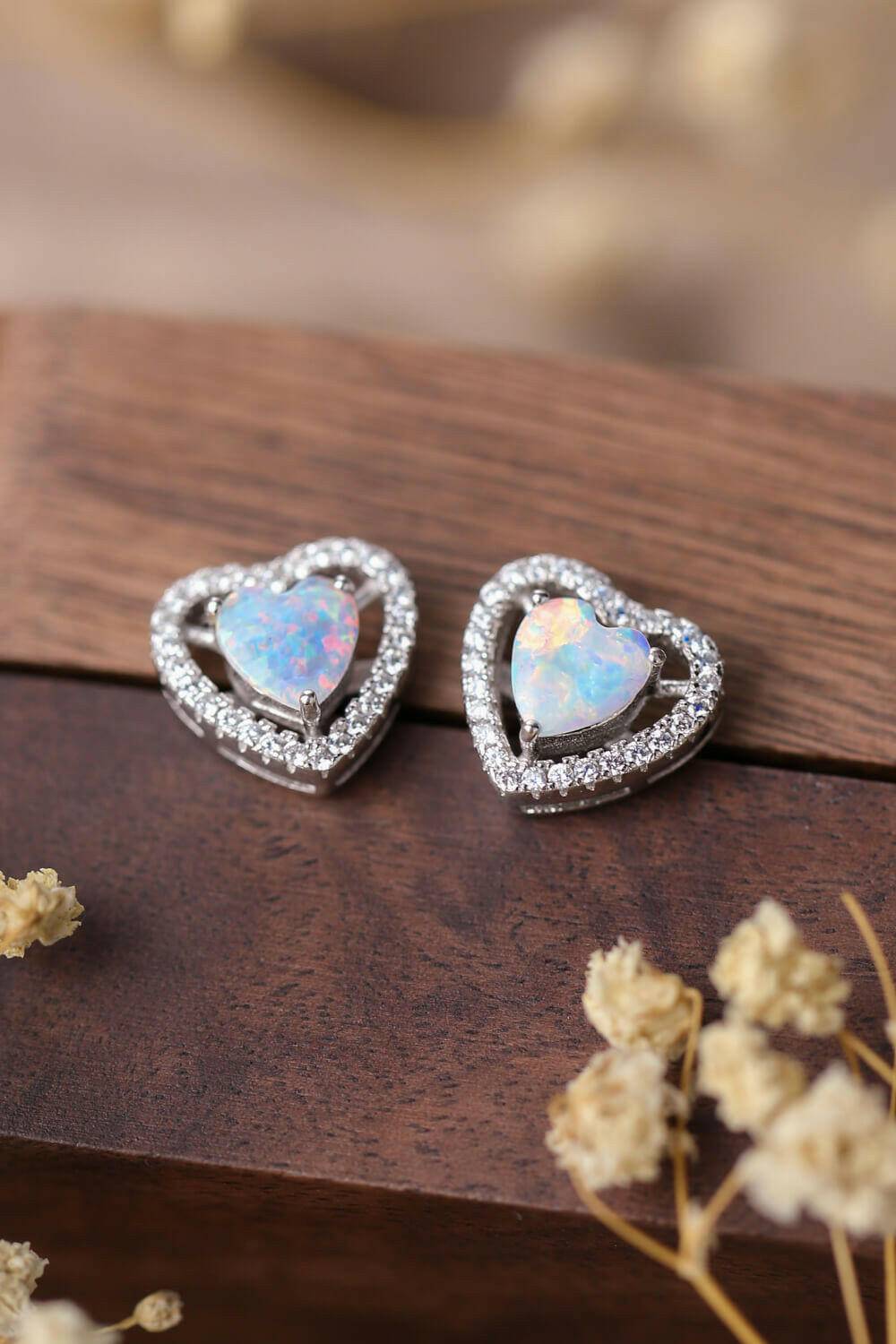 925 Sterling Silver Opal Heart Stud Earrings.