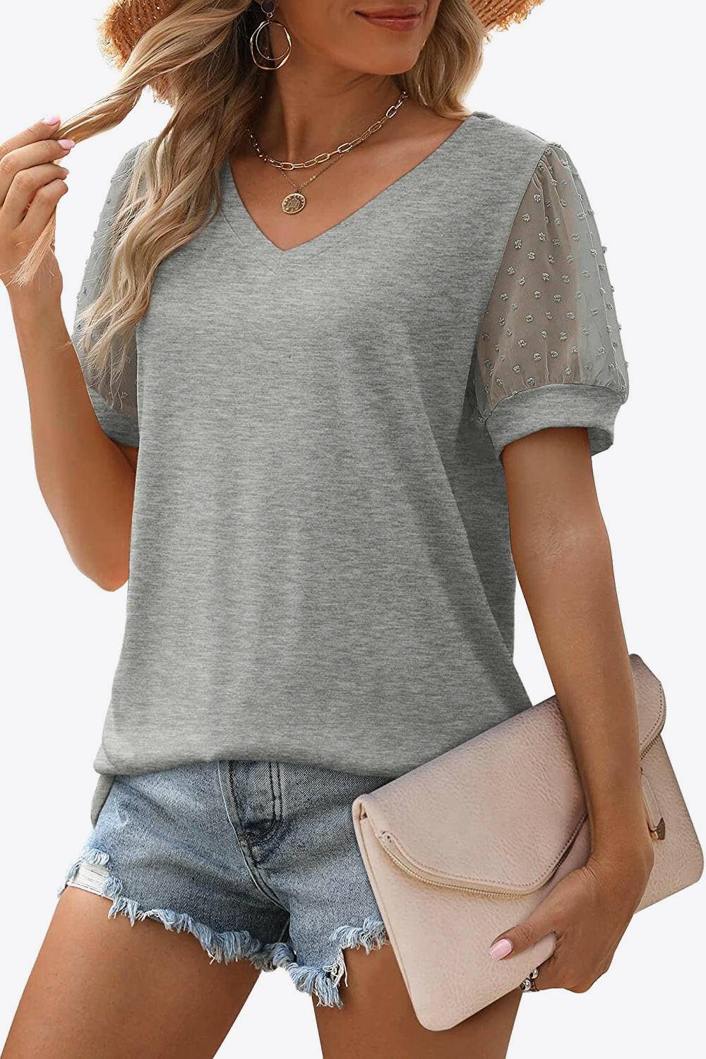 Swiss Dot Puff Sleeve V-Neck Tee - Carri's Cache