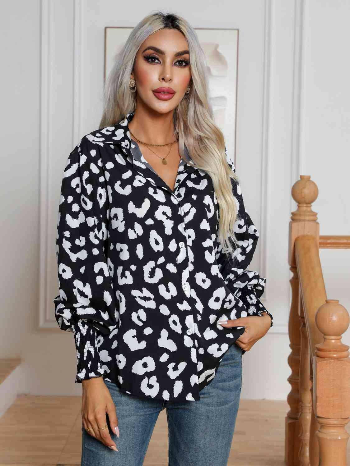 Printed Collared Neck Buttoned Lantern Sleeve Shirt - Carri's Cache