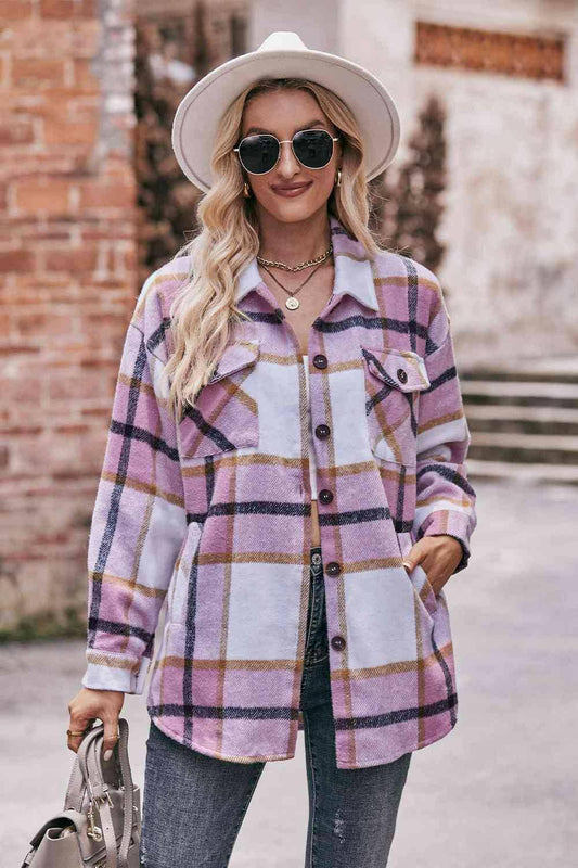 Plaid Long Sleeve Shirt Jacket with Pockets - Carri's Cache