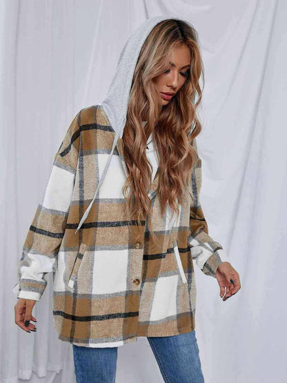 Plaid Hooded Jacket with Pockets - Carri's Cache