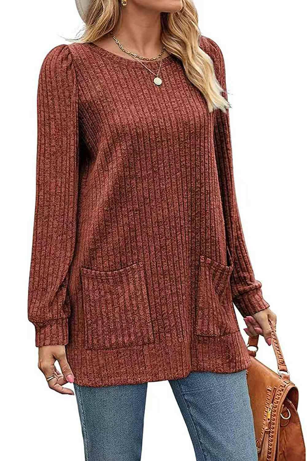 Ribbed Round Neck Long Sleeve T-Shirt - Carri's Cache