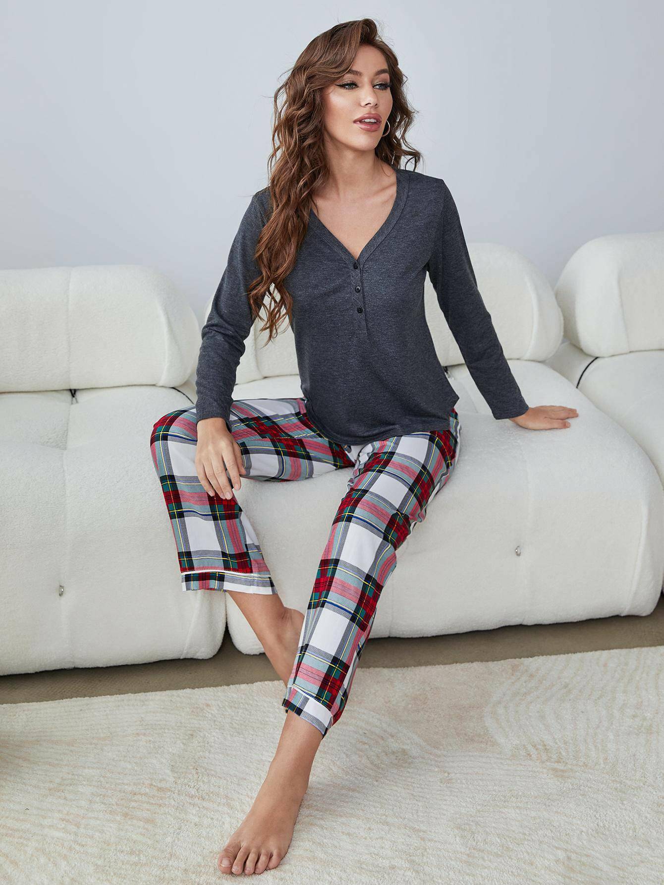 Buttoned Long Sleeve Top and Plaid Pants Lounge Set - Carri's Cache