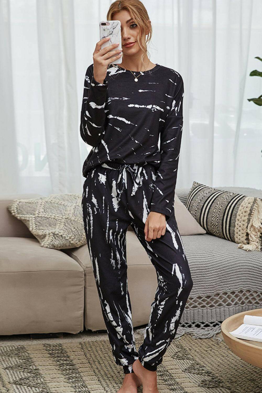 Tie-Dye Round Neck Top and Drawstring Waist Joggers Lounge Set.