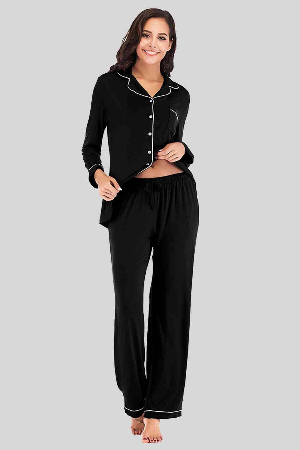 Collared Neck Long Sleeve Loungewear Set with Pockets - Carri's Cache