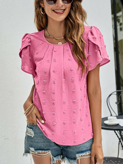 Swiss Dot Round Neck Petal Sleeve Top.