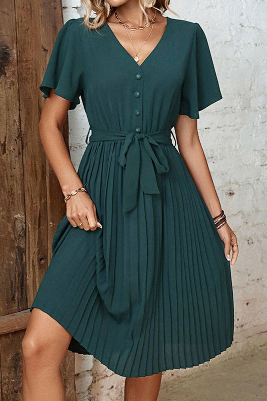 Buttoned V-Neck Flutter Sleeve Pleated Dress.