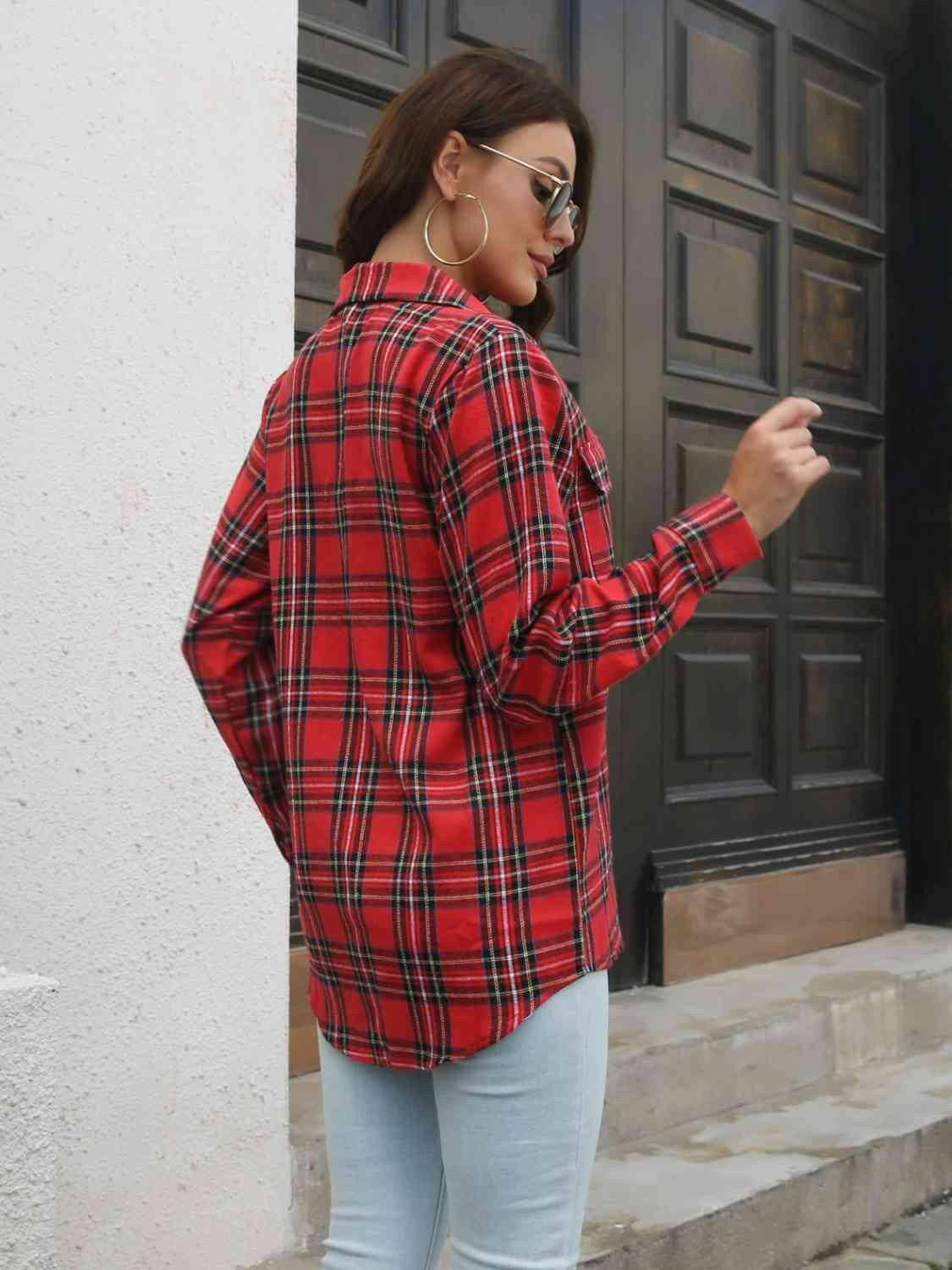 Plaid Collared Neck Buttoned Shirt with Pockets - Carri's Cache