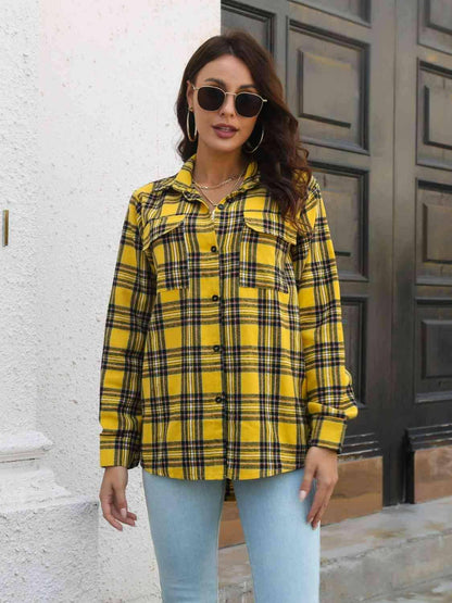 Plaid Collared Neck Buttoned Shirt with Pockets - Carri's Cache