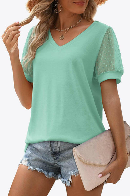 Swiss Dot Puff Sleeve V-Neck Tee - Carri's Cache