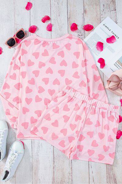 Heart Print Round Neck Top and Shorts Lounge Set - Carri's Cache