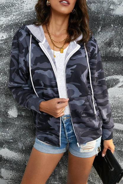 Camouflage Drawstring Detail Zip Up Hooded Jacket.