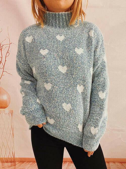 Heart Heathered Turtleneck Drop Shoulder Sweater - Carri's Cache