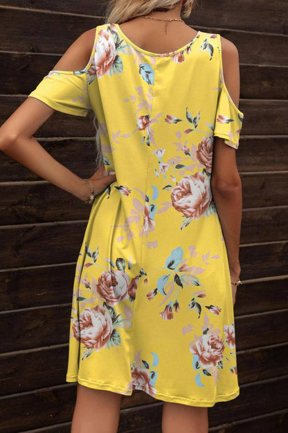 Floral Round Neck Cold-Shoulder Dress.