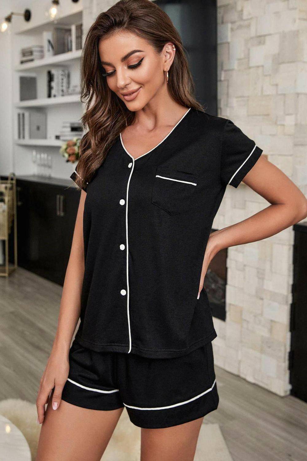 Contrast Piping Button-Up Top and Shorts Pajama Set - Carri's Cache